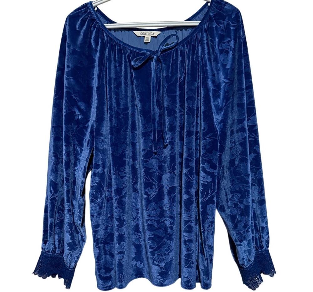 The Pioneer Woman Long Sleeve Royal Blue Velvet Floral Tie Neck Blouse Size XXXL
